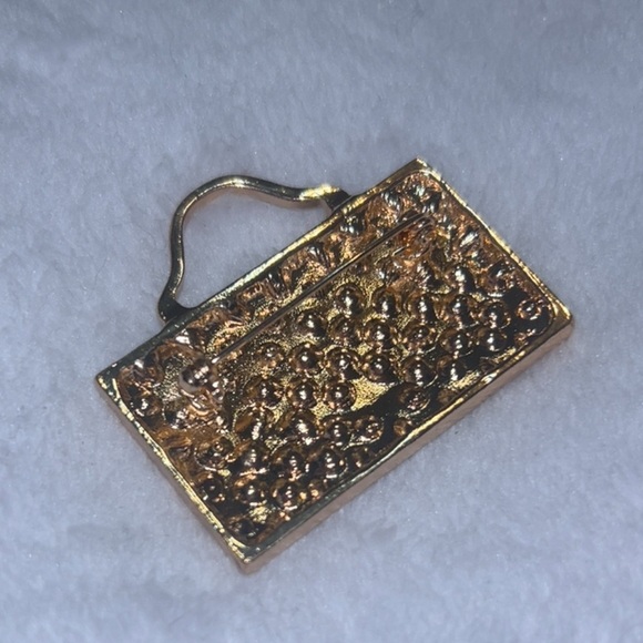 Purse Bag Brooch Gold and Pink with Heart Faux Pearl Detail - Picture 3 of 3